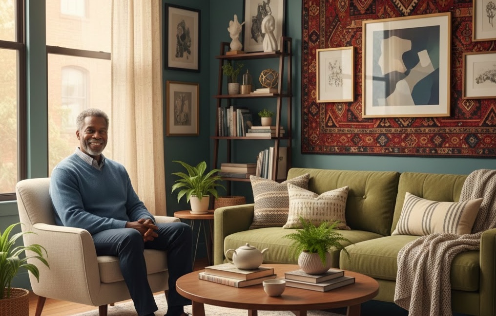 African American man seated in a warm, comfortable therapy office with natural light