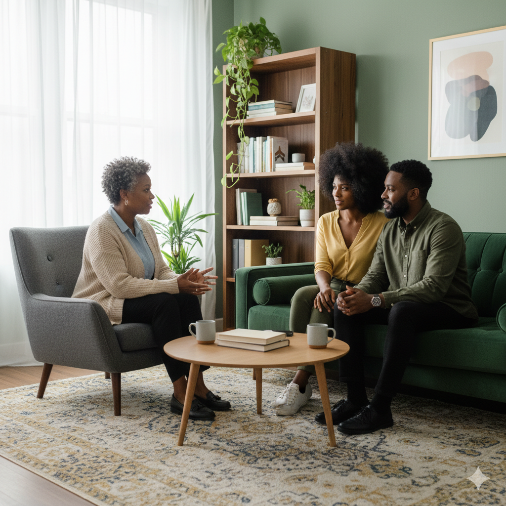 African American therapist meeting with an African American couple in a calm, sunlit therapy office